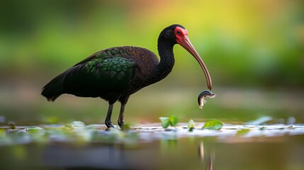 Critically endangered Northern Bald Ibis foraging, Full shot on sandy riverbed, Bird's behavior and habitat in focus, Highlights urgent conservation efforts, Useful for environmental documentaries