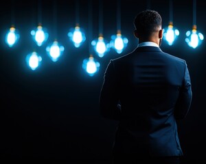 Businessman standing in a dark room with hanging glowing light bulbs, wearing a suit, back view, contrast of light and dark, concept of ideas.
