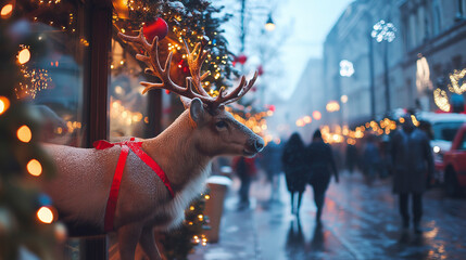 Christmas reindeer walking through the city streets