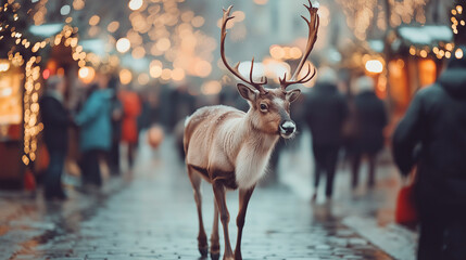 Christmas reindeer walking through the city streets