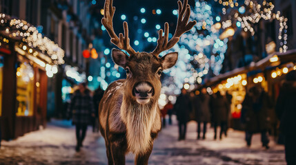 Christmas reindeer walking through the city streets