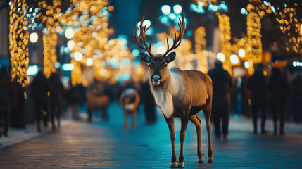 Christmas reindeer walking through the city streets