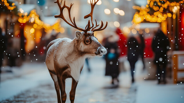 Christmas reindeer walking through the city streets - Powered by Adobe