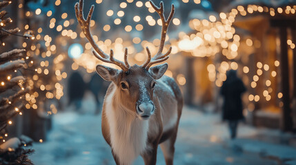 Christmas reindeer walking through the city streets