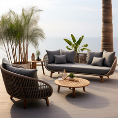 generated illustration of modern patio on a sunny summer day, complete with comfortable seating