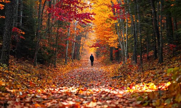 a person walking down a path in the middle of a forest