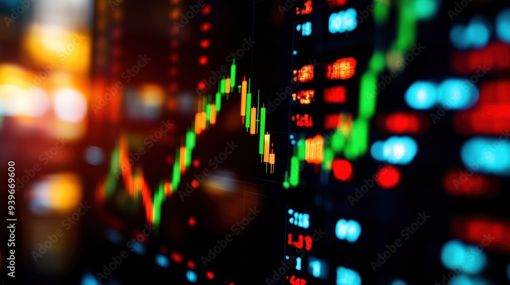 Poster close-up image of a digital stock market chart showing financial data and trends with colorful lines