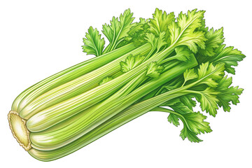 Fototapeta premium A vibrant, hand-drawn illustration of a bunch of fresh celery stalks. The celery is depicted in a realistic style, showcasing its crisp texture and bright green color. It symbolizes health, vitality, 