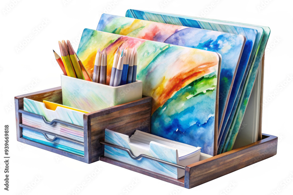 Poster a stylish and functional desktop organizer featuring a watercolor design with compartments for pens,