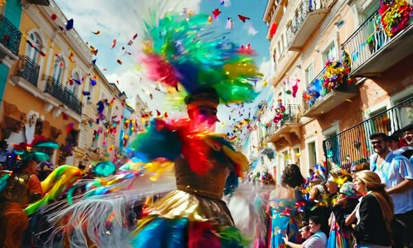 a group of people in colorful costumes walking down a street