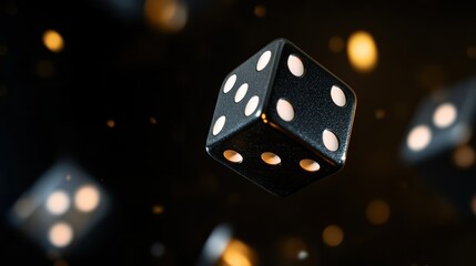 Close-up image of black dice with white dots in mid-air, set against a dark background with bokeh lights.