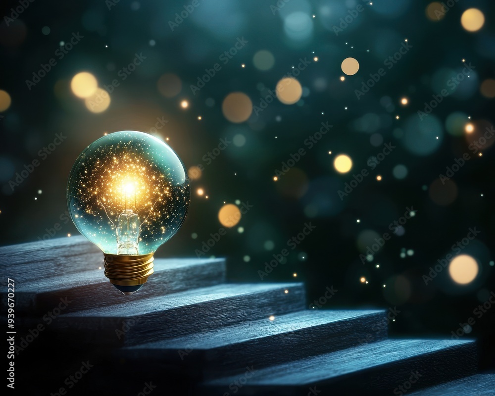 Poster a magical light bulb illuminating stairs with a soft glow, creating a dreamy atmosphere filled with 