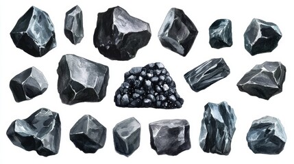 Coal. White background. Watercolor illustrations set