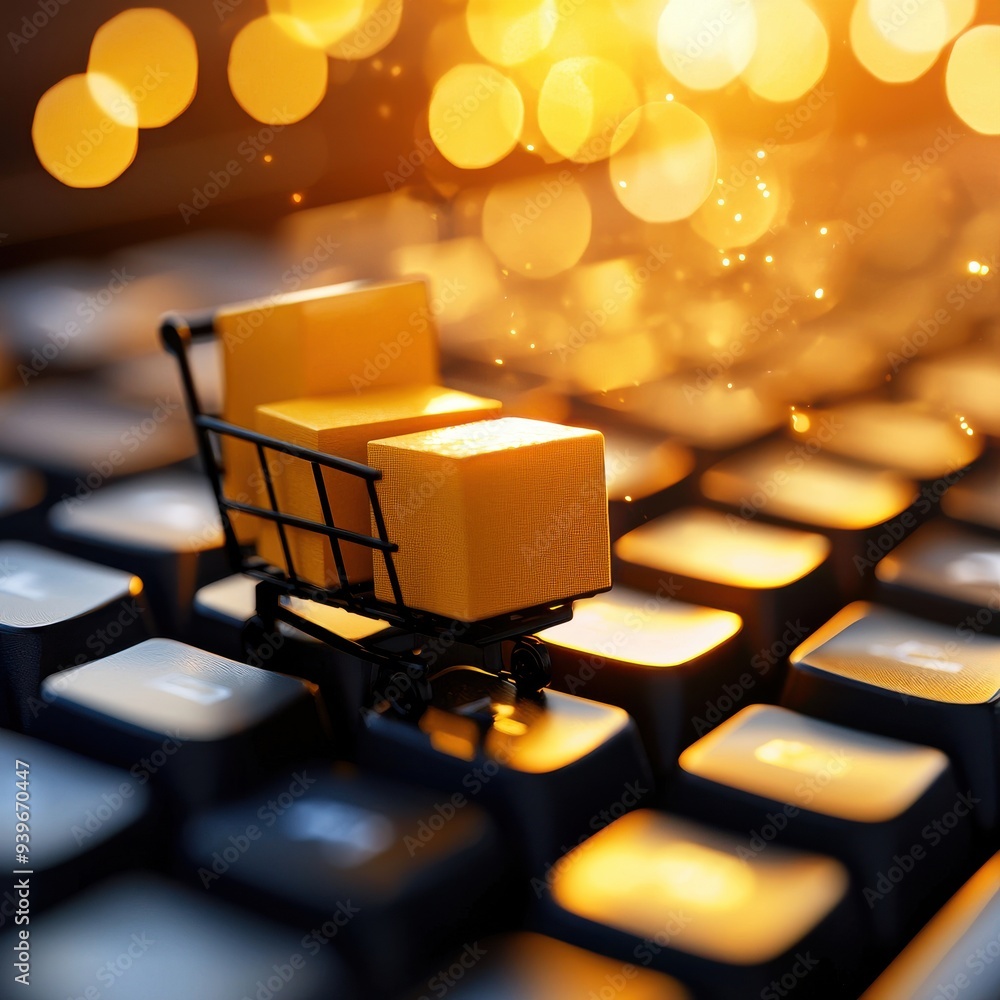 Poster a miniature shopping cart with yellow boxes placed on a computer keyboard, symbolizing online shoppi