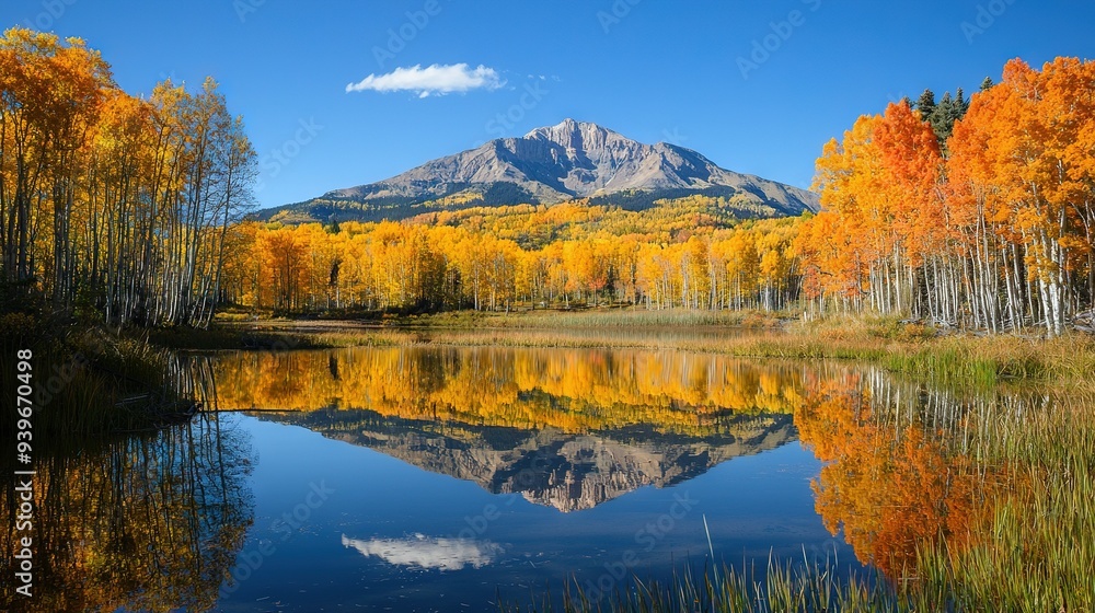 Sticker   A mountain towers behind a serene lake, with orange and yellow trees framing the scene in the foreground