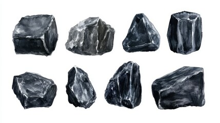 Coal. White background. Watercolor illustrations set