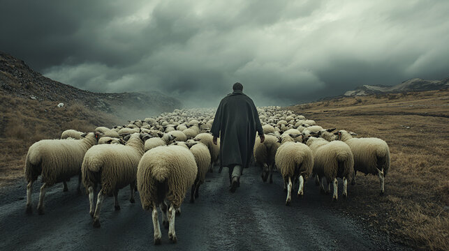un pastor llevando a sus ovejas con tranquilidad por el camino pastor cuidando de sus ovejas con un cielo nublado por el campo