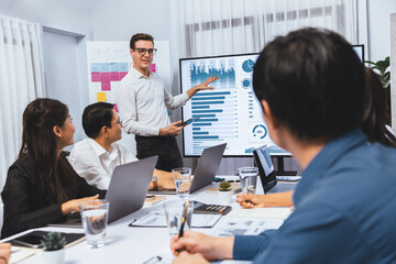 Presentation in office or meeting room with analyst team utilizing BI Fintech to analyze financial data. Businesspeople analyzing BI dashboard power display on TV screen for strategic planning.Prudent