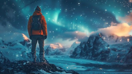 Obraz premium Northern Lights and Lone Traveler on Lofoten Mountains, Norway - Majestic Aurora Borealis with Starry Night Sky and Silhouette of Man