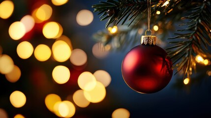 Close-up of a Christmas tree with a red bauble ornament and defocused warm lights in the background, capturing the holiday spirit.