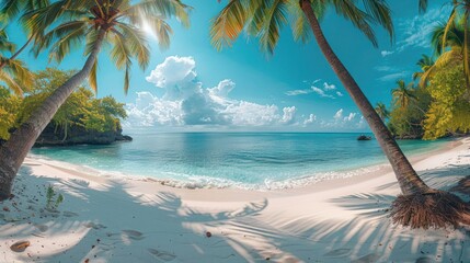 Obraz premium Idyllic Tropical Beach with White Sand and Coco Palms - Wide Panorama Banner for Travel and Tourism Marketing
