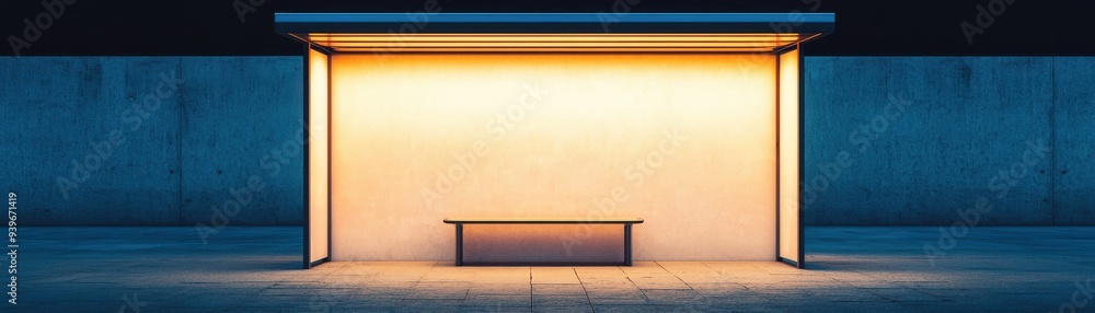 Poster a minimalist architectural scene featuring a bench under warm light, creating a serene and inviting 