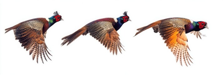 Obraz premium Three pheasants flying next to each other on a white background