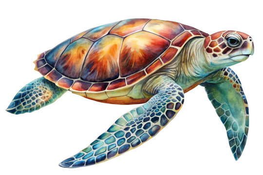 A vibrant watercolor illustration of a sea turtle, showcasing its intricate shell patterns and graceful form. The painting embodies themes of ocean life, wildlife, nature, conservation, and marine bea