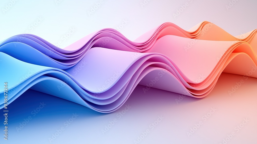 Wall mural   A close-up of a stack of paper waves against a gradient backdrop of blue and pink, featuring a pink and blue wave pattern on one side