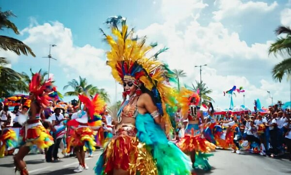 colorful women walking down street with feather adornments