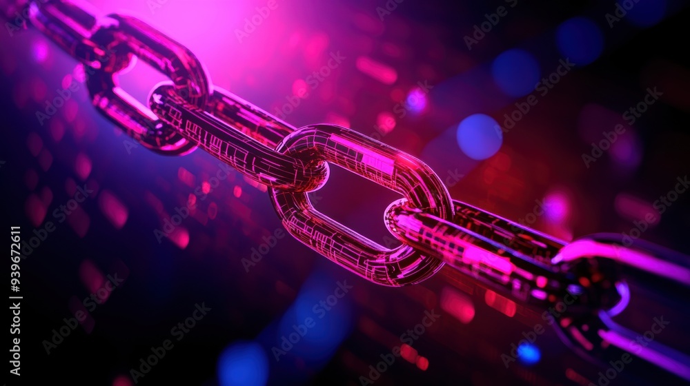Poster close-up of a metal chain link illuminated with vibrant pink and purple lights, creating a futuristi