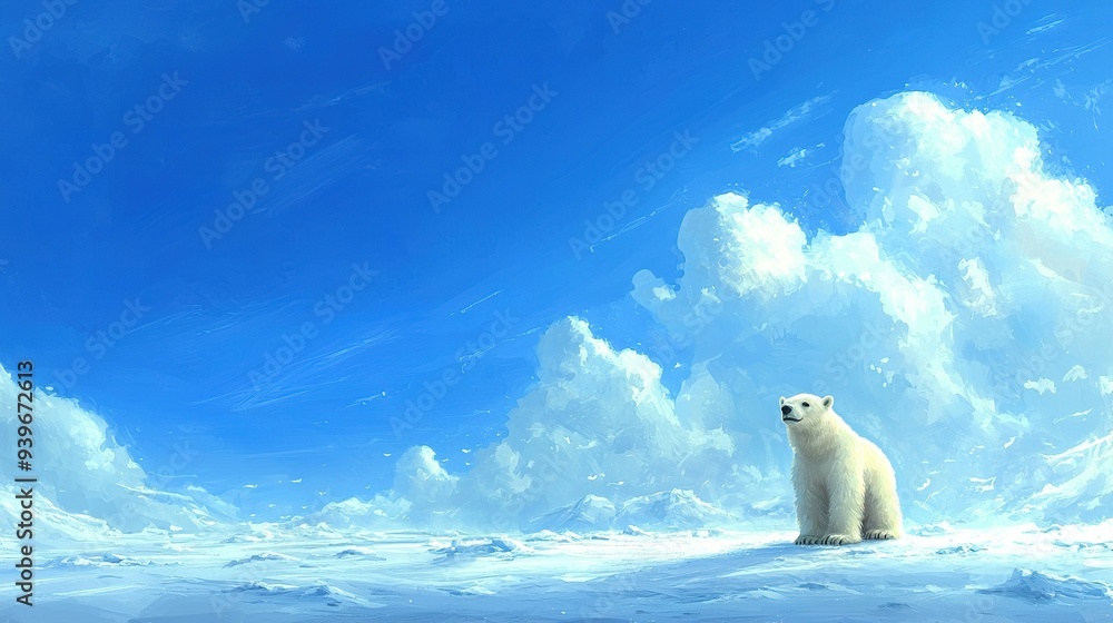 Sticker polar bear in snowy landscape under blue sky with white clouds