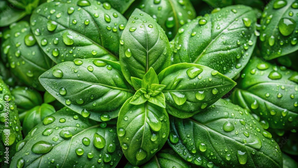 Wall mural fresh basil leaves glistening with dew drops captured in macro photography. generative ai