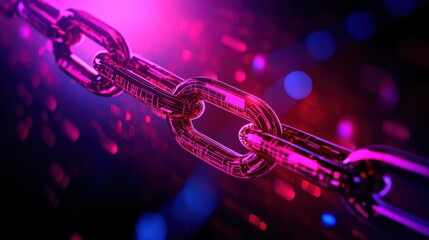 Fototapeta premium Close-up of a metal chain link illuminated with vibrant pink and purple lights, creating a futuristic and dynamic visual effect.