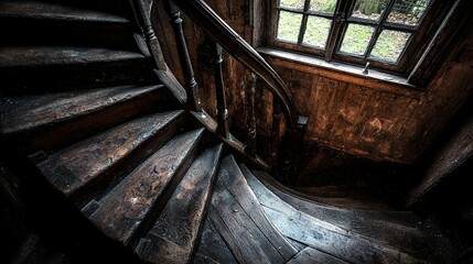 Naklejka premium A wooden building features a staircase leading up to a window