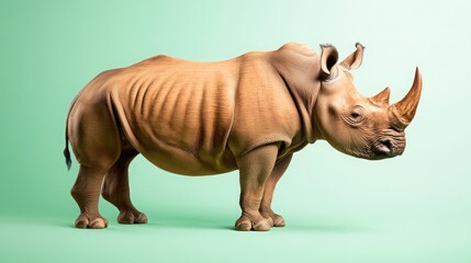 Fototapeta premium Powerful Stance of the Javan Rhino, Minimalist Green Setting Enhances Visual Impact, Use in Eco-Tourism Promotion and Wildlife Protection