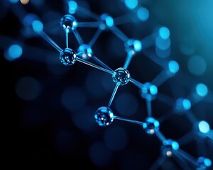Close-up of a molecular structure, showcasing blue glowing connections against a dark background, representing science and technology.