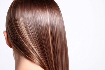 Close-up photo of straight hair, a woman from behind with smooth, shiny, long brown and blonde balayage, beauty industry photo, hairdressing services and care hair products content