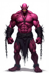 Fototapeta premium Muscular Demon with Yellow Eyes , dark fantasy aesthetic, high-detail illustration, epic fantasy artwork, character concept art, rich color palette, dark and gritty style.