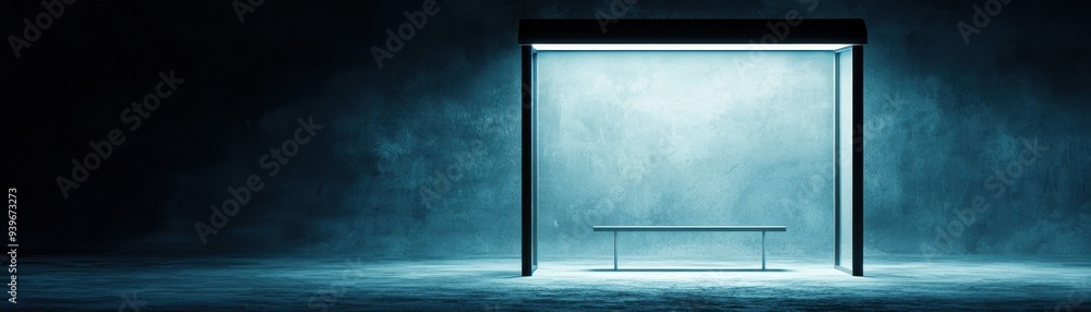 Poster a minimalistic scene featuring a glowing structure with a bench, evoking tranquility and modern desi