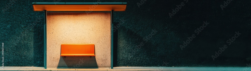 Poster a modern, minimalistic orange bench illuminated in a dark space, creating a striking visual contrast