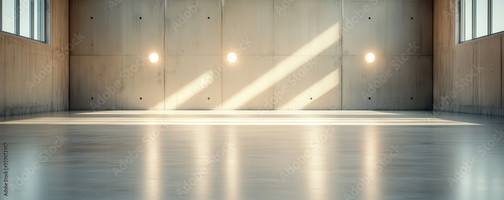 Poster an empty interior space with smooth flooring and soft lighting, perfect for showcasing products or c