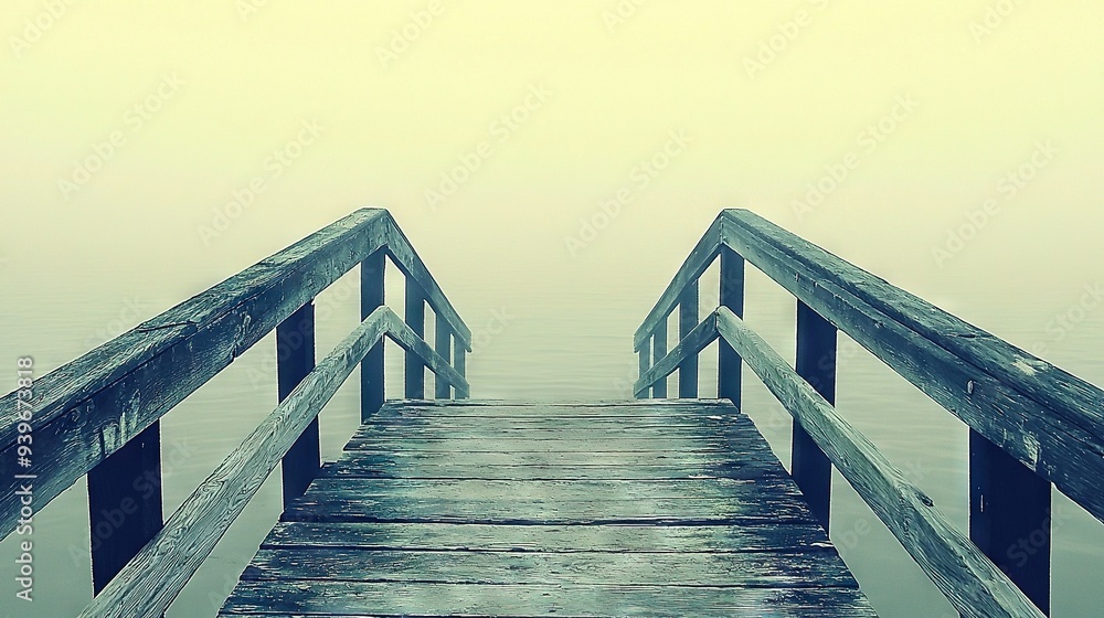 Poster a wooden dock with a bench amidst a misty waterway