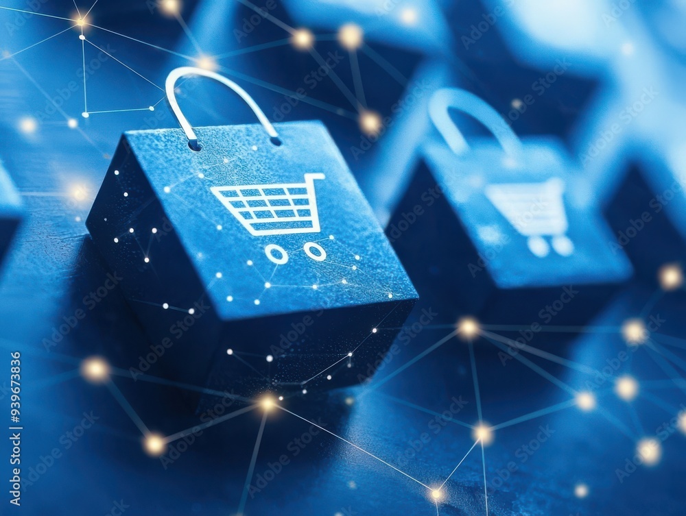 Poster blue digital shopping keyboard with cart icons and network connections, symbolizing online shopping 