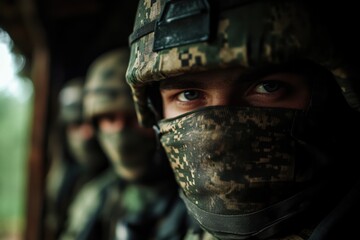 Close-up of a soldier in camouflage uniform and face mask with intense eyes, alongside comrades in a forest setting, ready for a mission.