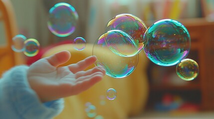 A close-up of a person's hand holding soap bubbles in front of a cluster of other bubble