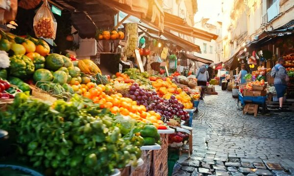 a bunch of fruits and vegetables on display at a market