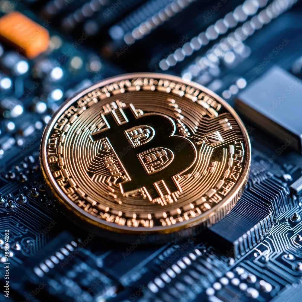 Poster close-up of a bitcoin coin placed on a computer circuit board, symbolizing cryptocurrency and digita
