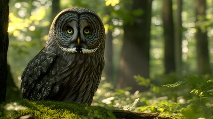 Fototapeta premium Owl, Great Grey Owl in Nature, Photo Realistic, Texture, Pattern, Wallpaper, Cover and Screen for Smartphone, Cell Phone, Computer, Laptop, 9:16 and 16:9 Format