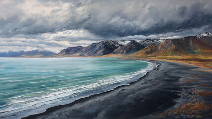   A vast water landscape with towering mountain backdrops and cloudy skies above the tranquil waters
